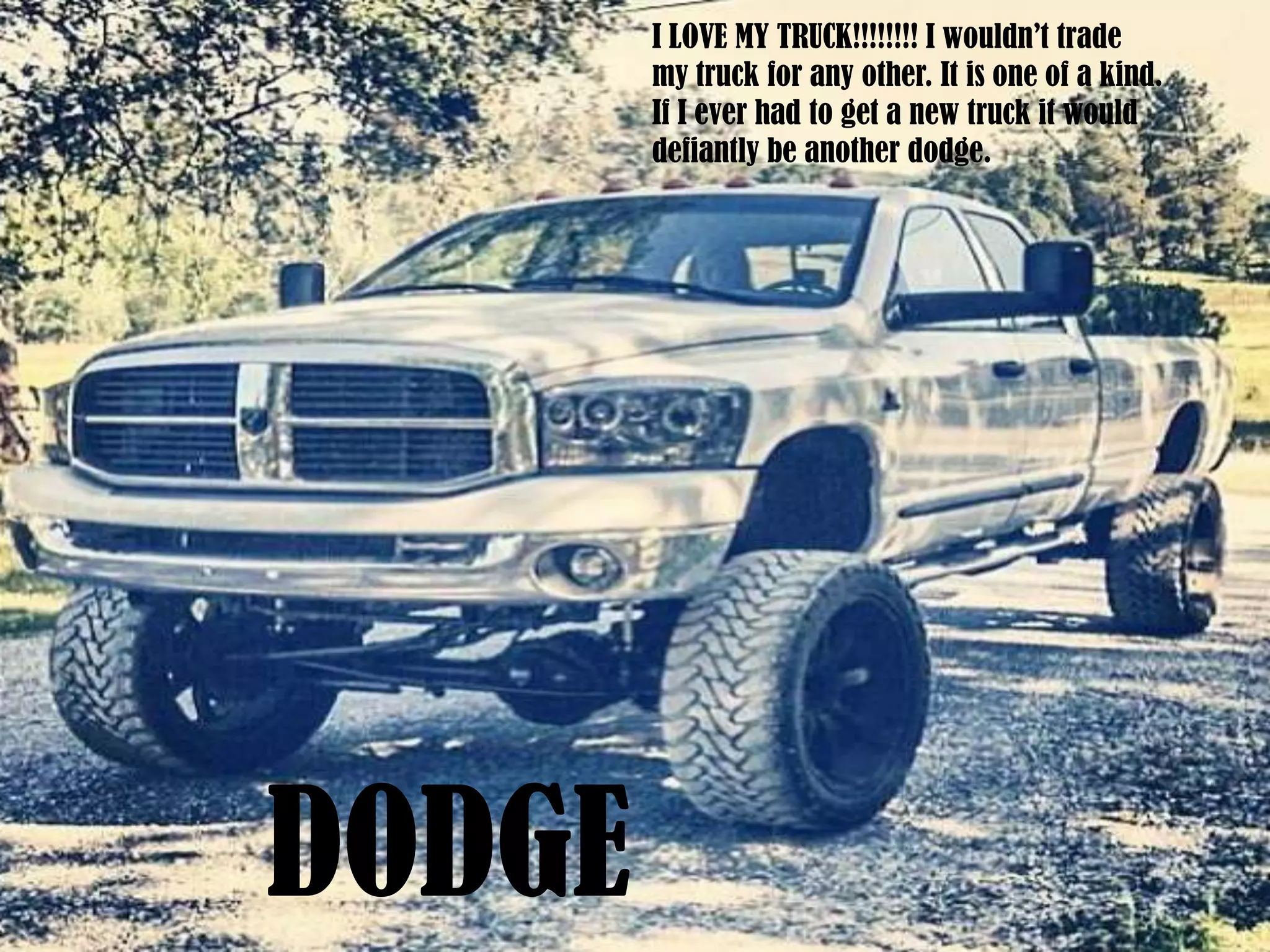I LOVE MY TRUCK!!!!!!!! I wouldn’t trade
my truck for any other. It is one of a kind.
If I ever had to get a new truck it would
defiantly be another dodge.
DODGE
 