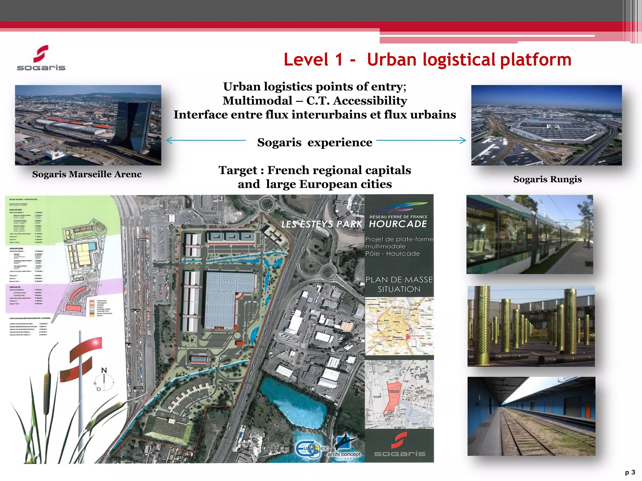 Level 1 - Urban logistical platform
                                  Urban logistics points of entry;
                                  Multimodal – C.T. Accessibility
                          Interface entre flux interurbains et flux urbains

                                        Sogaris experience

Sogaris Marseille Arenc          Target : French regional capitals
                                                                              Sogaris Rungis
                                    and large European cities




                                                                                               p3
 