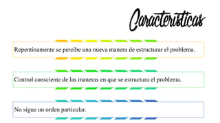 Características
Repentinamente se percibe una nueva manera de estructurar el problema.
Control consciente de las maneras en que se estructura el problema.
No sigue un orden particular.
 