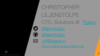 © 2019 Tigera, Inc. | Proprietary and Confidential
2
CHRISTOPHER
LILJENSTOLPE
CTO, Solutions @ Tigera
@liljenstolpe
@liljenstolpe
cdl@tigera.io
https://slack.projectcalico.org
 