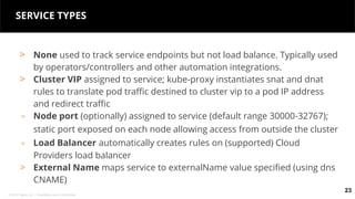 © 2018 Tigera, Inc. | Proprietary and Confidential
SERVICE TYPES
> None used to track service endpoints but not load balance. Typically used
by operators/controllers and other automation integrations.
> Cluster VIP assigned to service; kube-proxy instantiates snat and dnat
rules to translate pod traffic destined to cluster vip to a pod IP address
and redirect traffic
> Node port (optionally) assigned to service (default range 30000-32767);
static port exposed on each node allowing access from outside the cluster
> Load Balancer automatically creates rules on (supported) Cloud
Providers load balancer
> External Name maps service to externalName value specified (using dns
CNAME)
23
 