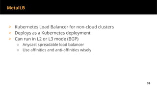 > Kubernetes Load Balancer for non-cloud clusters
> Deploys as a Kubernetes deployment
> Can run in L2 or L3 mode (BGP)
○ Anycast spreadable load balancer
○ Use affinities and anti-affinities wisely
35
MetalLB
 