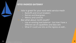 © 2018 Tigera, Inc. | Proprietary and Confidential
> Istio is great for your east-west service mesh
○ Backoffs and circuit breakers
○ Retries and blue/green
○ Metrics and controls
> But what about north-south?
○ Use an existing load balancer - but now I have a
different set of capabilities and data sets
○ What if I could use Istio as the ingress as well...
ISTIO INGRESS GATEWAY
36
 