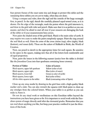 118 Chapter Five
four picture frames of the exact same size and design to protect this tablet and the
remaining three tablets you are yet to make, when they are done.
Using a compass and ruler, draw the sigil and the outside of the large rectangle
first, in pencil. In the sigil, sketch the carefully planned equal-armed cross, as it is
shown. On the edge of the rectangle, mark the points where the grid intersects it,
and draw in the grid with ruler and pencil. Make sure that it is as perfect as you can
muster, and don't be afraid to start all over if your erasures are damaging the look
of the tablet or ifyour measurements have errors.
Now paint the shaded areas of the grid black. Black is the main color of earth. It
may require two coats to make the paint completely opaque. Paint the ring around
the seal black as well. Paint the arms of the cross citrine (top), olive (right), black
(bottom), and russet (left). These are the colors of Malkuth in Briah, the World of
Creation.
Next, use pencil to sketch in the appropriate letter for each square. Be sensitive
to the space in the square, making sure that all of the letters look comfortable and
of equal proportion.
Next, paint the letters in the following manner (notice how the tablet is divided
like the Jerusalem Cross into four quadrants containing lesser crosses):
Portion ofTablet
Black squares, upper left quadrant
Black squares, upper right
Black squares, lower left
Black squares, lower right
All the white squares in the tablet
Color ofLetters
Yellow (color ofair)
Blue (color ofwater)
Green (a color ofearth)
Red (color of fire)
Black (contrasting color of Spirit)
Clean up any stray marks by drawing in the grid lines with a high-quality black
marker and a ruler. You can also retouch the squares with black paint to clean up
any smudges from the colored letters. When your tablet is as perfect as you can
make it, frame it.
Do not do any ritual work or meditations on this Enochian tablet beyond the
instructions you have been given so far. It is important to avoid work with the Eno-
chian system of magic directly until after the elemental grades. Remember that you
can read about anything you like, but keep your practice confined to just the direc-
tions of this book.
 
