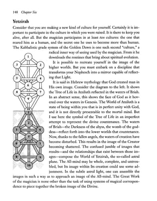 148 Chapter Six
Yetzirah
Consider that you are making a new kind of culture for yourself. Certainly it is im-
portant to participate in the culture in which you were raised. It is there to keep you
alive, after all. But the magician participates in at least two cultures: the one that
reared him as a human, and the secret one he uses to become more than human.
The Kabbalistic grade system of the Golden Dawn is one such second "culture," a
radical inner way ofseeing used by the magician. From it he
downloads the routines that bring about spiritual evolution.
It is possible to recreate yourself in the image of the
higher worlds. But you must embark on a discipline that
transforms your Nephesch into a mirror capable of reflect-
ing that Light.
It is said in Hebrew mythology that God created man in
His own image. Consider the diagram to the left. It shows
the Tree of Life in Atziluth reflected in the waters of Briah.
In an abstract sense, this shows the face of God as it hov-
ered over the waters in Genesis. The World ofAtziluth is a
state of being within you that is in perfect unity with God,
and it is not directly presentable to the mortal mind. But
I use here the symbol of the Tree of Life in an imperfect
attempt to represent the divine countenance. The waters
of Briah-the Darkness of the abyss, the womb of the god-
dess-reflect forth into the lower worlds that countenance.
Now, thanks to the fallen angels, the waters ofcreation have
become disturbed. This results in the image of the Creator
becoming shattered. The confused jumble of images that
results-and the relationships that exist between those im-
ages-compose the World of Yetzirah, the so-called astral
plane. The All-mind may be whole, complete, and untrou-
bled, but Its image within Its creation could use some ad-
justment. In the subtle astral light, one can assemble the
images in such a way as to approach an image of the All-mind. The Great Work
of the magician is none other than the task of using systems of magical correspon-
dence to piece together the broken image of the Divine.
 
