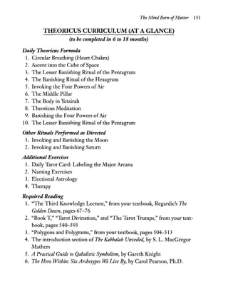 The Mind Born ofMatter 151
THEORICUS CURRICULUM (AT A GLANCE)
(to be completed in 6 to 18 months)
Daily Theoricus Formula
1. Circular Breathing (Heart Chakra)
2. Ascent into the Cube of Space
3. The Lesser Banishing Ritual ofthe Pentagram
4. The Banishing Ritual of the Hexagram
5. Invoking the Four Powers ofAir
6. The Middle Pillar
7. The Body in Yetzirah
8. Theoricus Meditation
9. Banishing the Four Powers ofAir
10. The Lesser Banishing Ritual ofthe Pentagram
Other Rituals Peiformed as Directed
1. Invoking and Banishing the Moon
2. Invoking and Banishing Saturn
Additional Exercises
1. Daily Tarot Card: Labeling the Major Arcana
2. Naming Exercises
3. Electional Astrology
4. Therapy
Required Reading
1. "The Third Knowledge Lecture," from your textbook, Regardie's The
Golden Dawn, pages 67-76
2. "Book T," "Tarot Divination," and "The Tarot Trumps," from your text-
book, pages 540-593
3. "Polygons and Polygrams," from your textbook, pages 504-513
4. The introduction section of The Kabbalah Unveiled, by S. L. MacGregor
Mathers
5. A Practical Guide to Qabalistic Symbolism, by Gareth Knight
6. The Hero Within: Six Archetypes We Live By, by Carol Pearson, Ph.D.
 