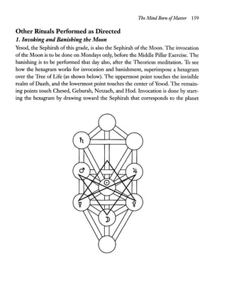 Other Rituals Performed as Directed
1. Invoking and Banishing the Moon
The Mind Born ofMatter 159
Yesod, the Sephirah of this grade, is also the Sephirah of the Moon. The invocation
ofthe Moon is to be done on Mondays only, before the Middle Pillar Exercise. The
banishing is to be perfonned that day also, after the Theoricus meditation. To see
how the hexagram works for invocation and banishment, superimpose a hexagram
over the Tree of Life (as shown below). The uppennost point touches the invisible
realm of Daath, and the lowennost point touches the center of Yesod. The remain-
ing points touch Chesed, Geburah, N etzach, and Hod. Invocation is done by start-
ing the hexagram by drawing toward the Sephirah that corresponds to the planet
 