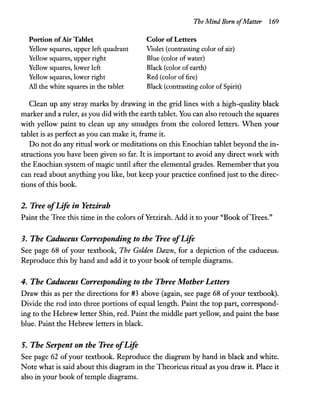 Portion ofAir Tablet
Yellow squares, upper left quadrant
Yellow squares, upper right
Yellow squares, lower left
Yellow squares, lower right
All the white squares in the tablet
The Mind Born ofMatter 169
Color ofLetters
Violet (contrasting color of air)
Blue (color ofwater)
Black (color of earth)
Red (color of fire)
Black (contrasting color of Spirit)
Clean up any stray marks by drawing in the grid lines with a high-quality black
marker and a ruler, as you did with the earth tablet. You can also retouch the squares
with yellow paint to clean up any smudges from the colored letters. When your
tablet is as perfect as you can make it, frame it.
Do not do any ritual work or meditations on this Enochian tablet beyond the in-
structions you have been given so far. It is important to avoid any direct work with
the Enochian system of magic until after the elemental grades. Remember that you
can read about anything you like, but keep your practice confined just to the direc-
tions ofthis book.
2. Tree ofLife in Yetzirah
Paint the Tree this time in the colors ofYetzirah. Add it to your "Book ofTrees."
3. The Caduceus Corresponding to the Tree ofLife
See page 68 of your textbook, The Golden Dawn, for a depiction of the caduceus.
Reproduce this by hand and add it to your book of temple diagrams.
4. The Caduceus Corresponding to the Three Mother Letters
Draw this as per the directions for #3 above (again, see page 68 of your textbook).
Divide the rod into three portions of equal length. Paint the top part, correspond-
ing to the Hebrew letter Shin, red. Paint the middle part yellow, and paint the base
blue. Paint the Hebrew letters in black.
5. The Serpent on the Tree ofLife
See page 62 ofyour textbook. Reproduce the diagram by hand in black and white.
Note what is said about this diagram in the Theoricus ritual as you draw it. Place it.
also in your book of temple diagrams.
 