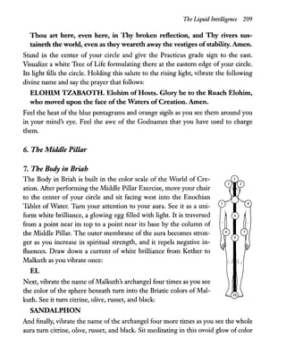 The Liquid Intelligence 209
Thou art here, even here, in Thy broken reflection, and Thy rivers sus-
taineth the world, even as they weareth away the vestiges ofstability. Amen.
Stand in the center of your circle and give the Practicus grade sign to the east.
Visualize a white Tree of Life formulating there at the eastern edge of your circle.
Its light fills the circle. Holding this salute to the rising light, vibrate the following
divine name and say the prayer that follows:
ELOlllM TZABAOTH. Elohim of Hosts. Glory be to the Ruach Elohim,
who moved upon the face ofthe Waters ofCreation. Amen.
Feel the heat of the blue pentagrams and orange sigils as you see them around you
in your mind's eye. Feel the awe of the Godnames that you have used to charge
them.
6. The Middle Pillar
7. The Body in Briah
The Body in Briah is built in the color scale of the World of Cre-
ation. After performing the Middle Pillar Exercise, move your chair
to the center of your circle and sit facing west into the Enochian
Tablet of Water. Turn your attention to your aura. See it as a uni-
form white brilliance, a glowing egg filled with light. It is traversed
from a point near its top to a point near its base by the column of
the Middle Pillar. The outer membrane of the aura becomes stron-
ger as you increase in spiritual strength, and it repels negative in-
fluences. Draw down a current of white brilliance from Kether to
Malkuth as you vibrate once:
EL
Next, vibrate the name ofMalkuth's archangel four times as you see
the color of the sphere beneath turn into the Briatic colors ofMal-
kuth. See it turn citrine, olive, russet, and black:
SANDALPHON
And finally, vibrate the name ofthe archangel four more times as you see the whole
aura turn citrine, olive, russet, and black. Sit meditating in this ovoid glow of color
 