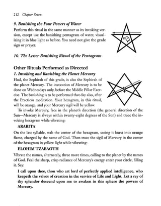 212 Chapter Seven
9. Banishing the Four Powers ofTVater
Perform this ritual in the same manner as its invoking ver-
sion, except use the banishing pentagram of water, visual-
izing it in blue light as before. You need not give the grade
SIgn or prayer.
10. The Lesser Banishing Ritual ofthe Pentagram
Other Rituals Performed as Directed
1. Invoking and Banishing the Planet Mercury
Hod, the Sephirah of this grade, is also the Sephirah of
the planet Mercury. The invocation of Mercury is to be
done on Wednesdays only, before the Middle Pillar Exer-
cise. The banishing is to be performed that day also, after
the Practicus meditation. Your hexagram, in this ritual,
will be orange, and your Mercury sigil will be yellow.
To invoke Mercury, face in the planet's direction (the general direction of the
Sun-Mercury is always within twenty-eight degrees of the Sun) and trace the in-
voking hexagram while vibrating:
ARARITA
On the last syllable, stab the center of the hexagram, seeing it burst into orange
flame, charged by the name of God. Then trace the sigil of Mercury in the center
of the hexagram in yellow light while vibrating:
ELOHIM TZABAOTH
Vibrate the names, alternately, three more times, calling to the planet by the names
of God. Feel the sharp, crisp radiance ofMercury's energy enter your circle, filling
it. Say:
I call upon thee, thou who art lord of perfectly applied intelligence, who
keepeth the valves of creation in the service of Life and Light. Let a ray of
thy splendor descend upon me to awaken in this sphere the powers of
Mercury.
 