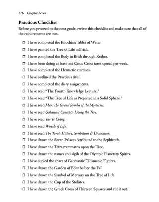 226 Chapter Seven
Practicus Checklist
Before you proceed to the next grade, review this checklist and make sure that all of
the requirements are met.
D I have completed the Enochian Tablet ofWater.
D I have painted the Tree of Life in Briah.
D I have completed the Body in Briah through Kether.
o I have been doing at least one Celtic Cross tarot spread per week.
o I have completed the Hermetic exercises.
D I have outlined the Practicus ritual.
o I have completed the diary assignments.
o I have read "The Fourth Knowledge Lecture."
D I have read "The Tree of Life as Projected in a Solid Sphere."
D I have read Man, the Grand Symbol ofthe Mysteries.
D I have read Qabalistic Concepts: Living the Tree.
D I have read Tao Te Ching.
D I have read Wheels ofLife.
D I have read The Tarot: History, Symbolism & Divination.
D I have drawn the Seven Palaces Attributed to the Sephiroth.
D I have drawn the Tetragrammaton upon the Tree.
D I have drawn the names and sigils of the Olympic Planetary Spirits.
D I have copied the chart of Geomantic Talismanic Figures.
D I have drawn the Garden ofEden before the Fall.
D I have drawn the Symbol ofMercury on the Tree of Life.
D I have drawn the Cup ofthe Stolistes.
D I have drawn the Greek Cross ofThirteen Squares and cut it out.
 