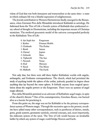 Fuelfor the Fire 239
vision of God that was both immanent and transcendent at the same time-a state
in which ordinary life was a blissful expression of enlightenment.
TheJewish contribution to Western Hermeticism finally emerged in the Renais-
sance, when Giovanni Pico della Mirandola introduced Kabbalah to astrology. He
fashioned from the Tree of Life a Gentile system of Kabbalah that synthesized ev-
ery school of thought in Hermeticism, including the important stream of Christian
mysticism. The medieval geocentric model of the universe corresponded perfectly
to the Kabbalistic Tree ofLife:
o. Nn Soph Aur
1. Kether
2. Chokmah
3. Binah
4. Chesed
5. Geburah
6. Tiphareth
7. Netzach
8. Hod
9. Yesod
10. Malkuth
Empyreum
Primum Mobile
The Zodiac
Saturn
Jupiter
Mars
The Sun
Venus
Mercury
The Moon
The Earth
Not only that, but there were still three higher Kabbalistic worlds with angelic,
archangelic, and Godname correspondences. The church, which had permitted the
study of anything inside the sphere of the zodiac, jealously guarded its dogma about
anything that lay beyond the outer sphere. It forbade anyone from magical specu-
lation about the angelic powers or the Empyreum. There were no systems of angel
magic allowed.
Pico della Mirandola persisted as an advocate ofKabbalistic angel magic, in spite
of the church's threats.20
One of his contemporaries, Giordano Bruno, was burned
alive as a heretic for practicing it.
From this point on, the stage was set for Kabbalah to be the primary correspon-
dence system ofWestern magic. Through the successive ages to the present, occult-
ists have added many other correspondences, such as pantheons of deities, metals,
gems, grade systems, geomantic symbols, oriental concepts, and, most importantly,
the elaborate system of the tarot. The Tree of Life would become an invaluable
ladder by which any system of magic could bridge Heaven and Earth.
 