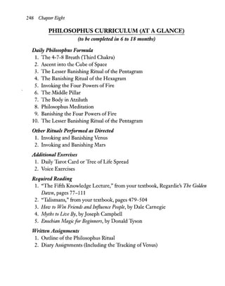 248 Chapter Eight
PHILOSOPHUS CURRICULUM (AT A GLANCE)
(to be completed in 6 to 18 months)
Daily Philosophus Formula
1. The 4-7-8 Breath (Third Chakra)
2. Ascent into the Cube of Space
3. The Lesser Banishing Ritual ofthe Pentagram
4. The Banishing Ritual of the Hexagram
5. Invoking the Four Powers of Fire
6. The Middle Pillar
7. The Body in Atziluth
8. Philosophus Meditation
9. Banishing the Four Powers of Fire
10. The Lesser Banishing Ritual of the Pentagram
Other Rituals Peiformed as Directed
1. Invoking and Banishing Venus
2. Invoking and Banishing Mars
Additional Exercises
1. Daily Tarot Card or Tree of Life Spread
2. Voice Exercises
Required Reading
1. "The Fifth Knowledge Lecture," from your textbook, Regardie's The Golden
Dawn, pages 77-111
2. "Talismans," from your textbook, pages 479-504
3. How to Win Friends and Influence People, by Dale Carnegie
4. Myths to Live By, byJoseph Campbell
5. Enochian Magicfor Beginners, by Donald Tyson
Written Assignments
1. Outline of the Philosophus Ritual
2. Diary Assignments (Including the Tracking ofVenus)
 