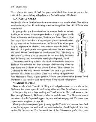 254 Chapter Eight
Next, vibrate the name of God that governs Malkuth four times as you see the
color of that sphere filling with yellow, the Atziluthic color ofMalkuth:
ADONAI HA-ARETZ
And finally, vibrate the Godname four more times as you see the whole Tree within
turn luminous yellow. Sit meditating in this radiant yellow Tree of Life for at least
ten minutes.
In past grades, you have visualized an earthen body, an etheric
double, or an aura to represent your body as it might appear in dif-
ferent Kabbalistic worlds-Assiah, Yetzirah, and Briah. Your Atzilu-
thic body is so exalted that it is beyond your powers ofvisualization.
So you now call up the impression of the Tree of Life within your
body to represent, in abstract, that ultimate monadic body. This
Tree of Life is perhaps the same geometric form that the narrator
of Dante's Divine Comedy sees on the throne of God. The Body in
Malkuth of Atziluth is to be practiced in this way daily for seven
days. Following that, move on the next higher Sephirah, Yesod.
To construct the Body in Yesod ofAtziluth, sit before the Enochian
Tablet of Fire as before and draw a current of shimmering white en-
ergy down into Malkuth as you vibrate Elohim. Then vibrate the
Godname for Malkuth, "Adonai ha-Aretz," one time as you visualize
the color of Malkuth in Atziluth. Then see a red ray of light rise up
from Malkuth to Yesod, at your genitals. Vibrate the Godname that governs Yesod
four times as you visualize your Yesod center filling with an indigo glow:
SHADDAI EL CHAI
Next, see the whole Tree of Life filling with indigo luminance as you vibrate the
Godname four times again. Sit meditating within this Tree for at least ten minutes.
After spending seven days working on Yesod, move to Hod, and so on up the
Tree through Netzach, Tiphareth, Geburah, and the rest. The Godname corre-
spondences for the Sephiroth appear in your textbook on page 64. The color cor-
respondences are given on page 99.
Once you have completed your journey up the Tree in the manner described
above, having spent one week with the name and color of each Sephirah, it is time
to simplify the exercise. For the remainder of the Philosophus grade, after your
 