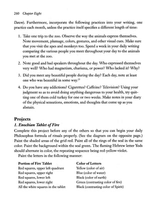 260 Chapter Eight
Dawn). Furthermore, incorporate the following practices into your writing, one
practice each month, unless the practice itselfspecifies a different length oftime:
1. Take one trip to the zoo. Observe the way the animals express themselves.
Note movement, plumage, colors, gestures, and other visual cues. Make sure
that you visit the apes and monkeys too. Spend a week in your daily writing
comparing the various people you meet throughout your day to the animals
you met at the zoo.
2. Note good and bad speakers throughout the day. Who expressed themselves
very well? Who had magnetism, charisma, or power? Who lacked it? Why?
3. Did you meet any beautiful people during the day? Each day, note at least
one who was beautiful in some way.25
4. Do you have any addictions? Cigarettes? Caffeine? Television? Using your
judgment so as to avoid doing anything dangerous to your health, try quit-
ting one of them cold turkey for one or two weeks. Make notes in your diary
of the physical sensations, emotions, and thoughts that come up as you
abstain.
Projects
1. Enochian Tablet ofFire
Complete this project before any of the others so that you can begin your daily
Philosophus formula of rituals properly. (See the diagram on the opposite page.)
Paint the shaded areas of the grid red. Paint all of the rings of the seal in the same
color. Paint the background within the seal green. The flaming Hebrew letter Yods
should alternate in color, the repeating sequence being red-yellow-violet.
Paint the letters in the following manner:
Portion ofFire Tablet
Red squares, upper left quadrant
Red squares, upper right
Red squares, lower left
Red squares, lower right
All the white squares in the tablet
Color ofLetters
Yellow (color ofair)
Blue (color ofwater)
Black (color ofearth)
Green (contrasting color offire)
Black (contrasting color of Spirit)
 