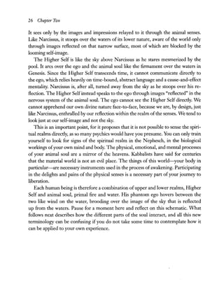 26 Chapter 'PilJO
It sees only by the images and impressions relayed to it through the animal senses.
Like Narcissus, it stoops over the waters of its lower nature, aware of the world only
through images reflected on that narrow surface, most of which are blocked by the
looming self-image.
The Higher Self is like the sky above Narcissus as he stares mesmerized by the
pool. It arcs over the ego and the animal soul like the firmament over the waters in
Genesis. Since the Higher Self transcends time, it cannot communicate directly to
the ego, which relies heavily on time-bound, abstract language and a cause-and-effect
mentality. Narcissus is, after all, turned away from the sky as he stoops over his re-
flection. The Higher Selfinstead speaks to the ego through images "reflected" in the
nervous system of the animal soul. The ego cannot see the Higher Self directly. We
cannot apprehend our own divine nature face-to-face, because we are, by design, just
like Narcissus, enthralled by our reflection within the realm ofthe senses. We tend to
look just at our self-image and not the sky.
This is an important point, for it proposes that it is not possible to sense the spiri-
tual realms directly, as so many psychics would have you presume. You can only train
yourself to look for signs of the spiritual realm in the Nephesch, in the biological
workings ofyour own mind and body. The physical, emotional, and mental processes
of your animal soul are a mirror of the heavens. Kabbalists have said for centuries
that the material world is not an evil place. The things of this world-your body in
particular-are necessary instruments used in the process ofawakening. Participating
in the delights and pains of the physical senses is a necessary part ofyour journey to
liberation.
Each human being is therefore a combination ofupper and lower realms, Higher
Self and animal soul, primal fire and water. His phantom ego hovers between the
two like wind on the water, brooding over the image of the sky that is reflected
up from the waters. Pause for a moment here and reflect on this schematic. What
follows next describes how the different parts of the soul interact, and all this new
terminology can be confusing if you do not take some time to contemplate how it
can be applied to your own experience.
 
