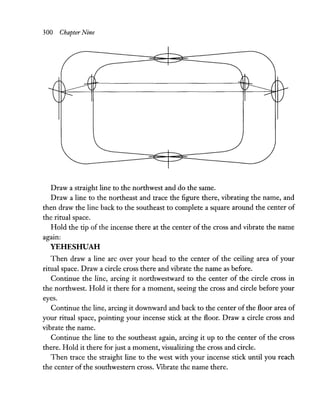 300 Chapter Nine
Draw a straight line to the northwest and do the same.
Draw a line to the northeast and trace the figure there, vibrating the name, and
then draw the line back to the southeast to complete a square around the center of
the ritual space.
Hold the tip of the incense there at the center of the cross and vibrate the name
agam:
YEHESHUAH
Then draw a line arc over your head to the center of the ceiling area of your
ritual space. Draw a circle cross there and vibrate the name as before.
Continue the line, arcing it northwestward to the center of the circle cross in
the northwest. Hold it there for a moment, seeing the cross and circle before your
eyes.
Continue the line, arcing it downward and back to the center of the floor area of
your ritual space, pointing your incense stick at the floor. Draw a circle cross and
vibrate the name.
Continue the line to the southeast again, arcing it up to the center of the cross
there. Hold it there for just a moment, visualizing the cross and circle.
Then trace the straight line to the west with your incense stick until you reach
the center of the southwestern cross. Vibrate the name there.
 