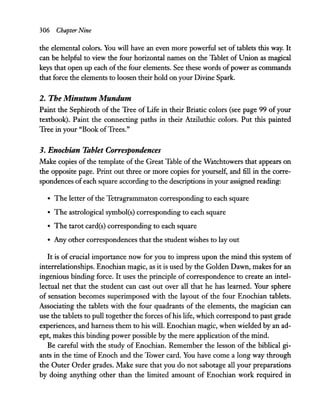 306 Chapter Nine
the elemental colors. You will have an even more powerful set of tablets this way. It
can be helpful to view the four horiwntal names on the Tablet of Union as magical
keys that open up each of the four elements. See these words ofpower as commands
that force the elements to loosen their hold on your Divine Spark.
2. The Minutum Mundum
Paint the Sephiroth of the Tree of Life in their Briatic colors (see page 99 ofyour
textbook). Paint the connecting paths in their Atziluthic colors. Put this painted
Tree in your "Book ofTrees."
3. Enochian Tabkt Correspondences
Make copies of the template of the Great Table of the Watchtowers that appears on
the opposite page. Print out three or more copies for yourself, and fill in the corre-
spondences ofeach square according to the descriptions in your assigned reading:
• The letter of the Tetragrammaton corresponding to each square
• The astrological symbol(s) corresponding to each square
• The tarot card(s) corresponding to each square
• Any other correspondences that the student wishes to layout
It is of crucial importance now for you to impress upon the mind this system of
interrelationships. Enochian magic, as it is used by the Golden Dawn, makes for an
ingenious binding force. It uses the principle of correspondence to create an intel-
lectual net that the student can cast out over all that he has learned. Your sphere
of sensation becomes superimposed with the layout of the four Enochian tablets.
Associating the tablets with the four quadrants of the elements, the magician can
use the tablets to pull together the forces ofhis life, which correspond to past grade
experiences, and harness them to his will. Enochian magic, when wielded by an ad-
ept, makes this binding power possible by the mere application ofthe mind.
Be careful with the study of Enochian. Remember the lesson of the biblical gi-
ants in the time of Enoch and the Tower card. You have come a long way through
the Outer Order grades. Make sure that you do not sabotage all your preparations
by doing anything other than the limited amount of Enochian work required in
 