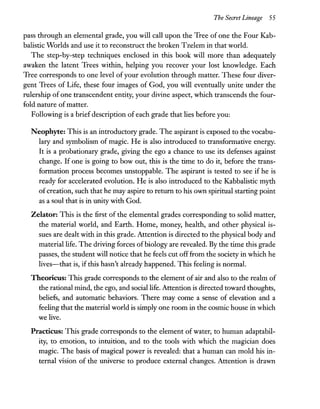 The Secret Lineage 55
pass through an elemental grade, you will call upon the Tree of one the Four Kab-
balistic Worlds and use it to reconstruct the broken Tzelem in that world.
The step-by-step techniques enclosed in this book will more than adequately
awaken the latent Trees within, helping you recover your lost knowledge. Each
Tree corresponds to one level ofyour evolution through matter. These four diver-
gent Trees of Life, these four images of God, you will eventually unite under the
rulership of one transcendent entity, your divine aspect, which transcends the four-
fold nature of matter.
Following is a brief description of each grade that lies before you:
Neophyte: This is an introductory grade. The aspirant is exposed to the vocabu-
lary and symbolism of magic. He is also introduced to transformative energy.
It is a probationary grade, giving the ego a chance to use its defenses against
change. If one is going to bow out, this is the time to do it, before the trans-
formation process becomes unstoppable. The aspirant is tested to see if he is
ready for accelerated evolution. He is also introduced to the Kabbalistic myth
of creation, such that he may aspire to return to his own spiritual starting point
as a soul that is in unity with God.
Zelator: This is the first of the elemental grades corresponding to solid matter,
the material world, and Earth. Home, money, health, and other physical is-
sues are dealt with in this grade. Attention is directed to the physical body and
material life. The driving forces ofbiology are revealed. By the time this grade
passes, the student will notice that he feels cut offfrom the society in which he
lives-that is, if this hasn't already happened. This feeling is normal.
Theoricus: This grade corresponds to the element of air and also to the realm of
the rational mind, the ego, and social life. Attention is directed toward thoughts,
beliefs, and automatic behaviors. There may come a sense of elevation and a
feeling that the material world is simply one room in the cosmic house in which
we live.
Practicus: This grade corresponds to the element of water, to human adaptabil-
ity, to emotion, to intuition, and to the tools with which the magician does
magic. The basis of magical power is revealed: that a human can mold his in-
ternal vision of the universe to produce external changes. Attention is drawn
 