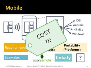 5º
LIGHT

CLEAN

Requirements

Flexibility
(Target Devices)

Android
HTML5
Windows

Portability
(Platforms)

?

Examples
HowToWeb 2013 / 21.11.13

iOS

Making a Great IoTS Product / © 2013 Christopher L Martin

20

 