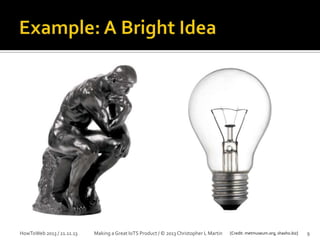 HowToWeb 2013 / 21.11.13

Making a Great IoTS Product / © 2013 Christopher L Martin

[Credit: metmuseum.org, shasho.biz]

9

 