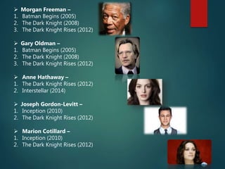  Morgan Freeman –
1. Batman Begins (2005)
2. The Dark Knight (2008)
3. The Dark Knight Rises (2012)
 Gary Oldman –
1. Batman Begins (2005)
2. The Dark Knight (2008)
3. The Dark Knight Rises (2012)
 Anne Hathaway –
1. The Dark Knight Rises (2012)
2. Interstellar (2014)
 Joseph Gordon-Levitt –
1. Inception (2010)
2. The Dark Knight Rises (2012)
 Marion Cotillard –
1. Inception (2010)
2. The Dark Knight Rises (2012)
 
