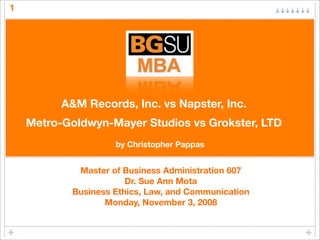 1




          A&M Records, Inc. vs Napster, Inc.
    Metro-Goldwyn-Mayer Studios vs Grokster, LTD
                     by Christopher Pappas


             Master of Business Administration 607
                        Dr. Sue Ann Mota
            Business Ethics, Law, and Communication
                   Monday, November 3, 2008
 