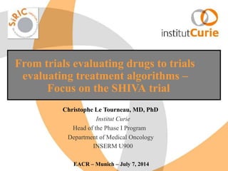 From trials evaluating drugs to trials
evaluating treatment algorithms –
Focus on the SHIVA trial
Christophe Le Tourneau, MD, PhD
Institut Curie
Head of the Phase I Program
Department of Medical Oncology
INSERM U900
EACR – Munich – July 7, 2014
 
