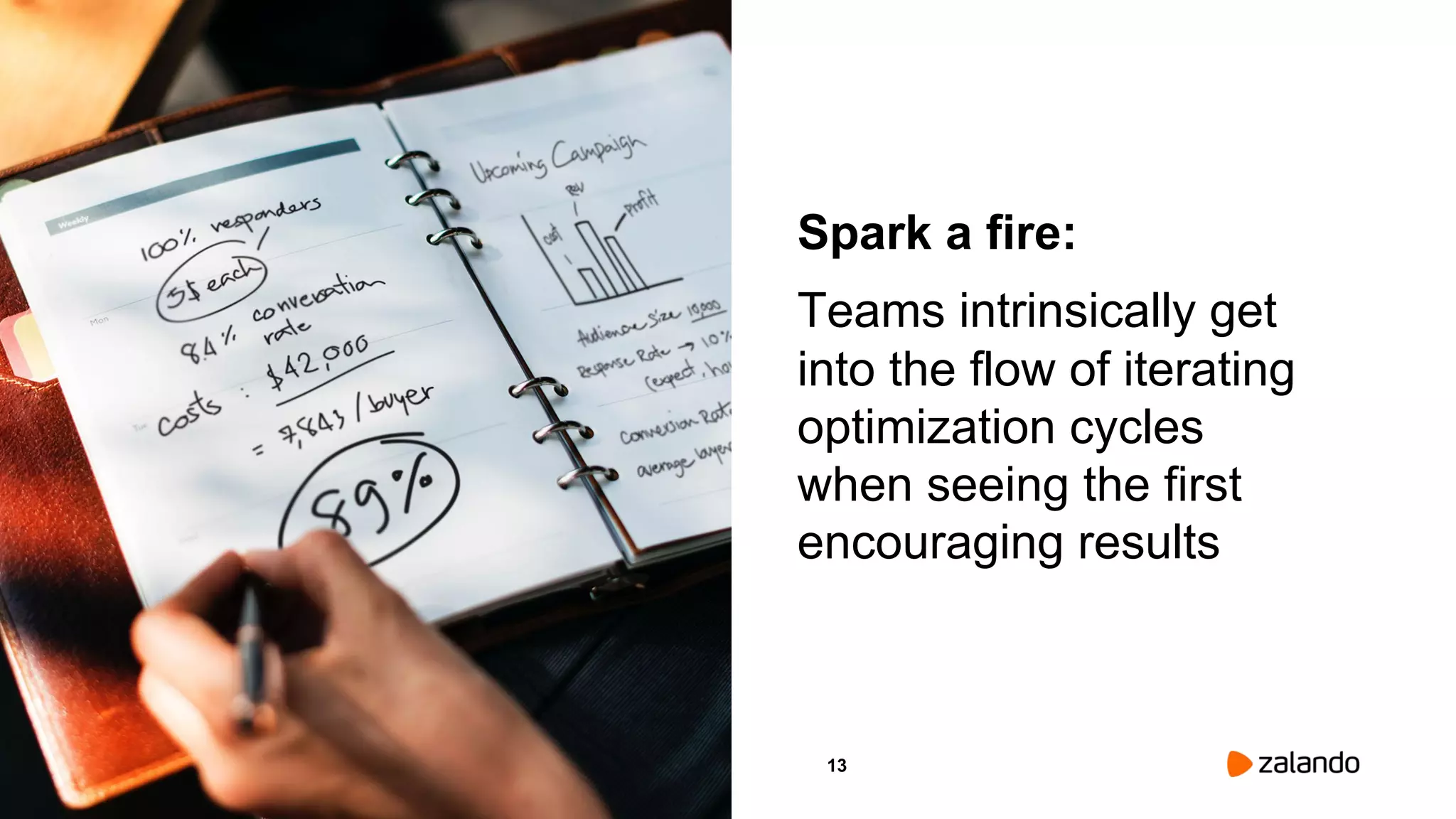 13
Spark a fire:
Teams intrinsically get
into the flow of iterating
optimization cycles
when seeing the first
encouraging results
Picture