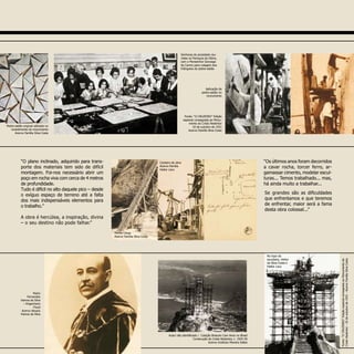 “O plano inclinado, adquirido para trans-
porte dos materiais tem sido de difícil
montagem. Foi-nos necessário abrir um
poço em rocha viva com cerca de 4 metros
de profundidade.
Tudo é difícil no alto daquele pico – desde
o exíguo espaço de terreno até a falta
dos mais indispensáveis elementos para
o trabalho.”
A obra é hercúlea, a inspiração, divina
– o seu destino não pode falhar.”
Se grandes são as dificuldades
que enfrentamos e que teremos
de enfrentar, maior será a fama
desta obra colossal...”
Aplicação da
pedra-sabão no
monumento
“Os últimos anos foram decorridos
a cavar rocha, torcer ferro, ar-
gamassar cimento, modelar escul-
turas... Temos trabalhado... mas,
há ainda muito a trabalhar...
Monta Carga
Acervo Família Silva Costa
Canteiro de obra
Acervo Família
Heitor Levy
Pedro
Fernandes
Vianna da Silva
– Engenheiro
Fiscal
Acervo Aloysio
Vianna da Silva
Senhoras da sociedade reu-
nidas na Paróquia da Glória,
com o Monsenhor Gonzaga
do Carmo para colagem dos
triângulos de pedra-sabão
Pedra-sabão original utilizada no
revestimento do monumento
Acervo Família Silva Costa
Fonte: “O CRUZEIRO” Edição
especial consagrada ao Monu-
mento do Cristo Redentor
10 de outubro de 1931
Acervo Família Silva Costa
Autor não identificado / Coleção Brascan Cem Anos no Brasil
Construção do Cristo Redentor, c. 1925-30
Acervo Instituto Moreira Salles Fonte:“OCRUZEIRO”EdiçãoespecialconsagradaaoMonumentodo
CristoRedentor-10deoutubrode1931-AcervoFamíliaSilvaCosta
No topo da
escadaria, Heitor
da Silva Costa e
Heitor Levy
 