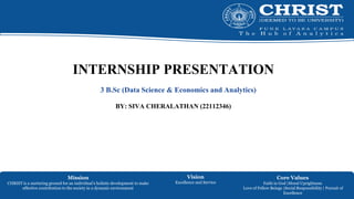 Mission
CHRIST is a nurturing ground for an individual’s holistic development to make
effective contribution to the society in a dynamic environment
Vision
Excellence and Service
Core Values
Faith in God |Moral Uprightness
Love of Fellow Beings |Social Responsibility | Pursuit of
Excellence
INTERNSHIP PRESENTATION
3 B.Sc (Data Science & Economics and Analytics)
BY: SIVA CHERALATHAN (22112346)
 