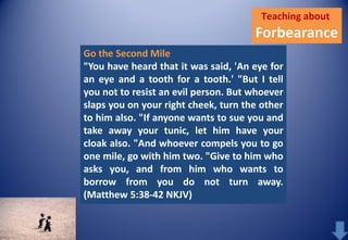 Teaching about

Forbearance
Go the Second Mile
"You have heard that it was said, 'An eye for
an eye and a tooth for a tooth.' "But I tell
you not to resist an evil person. But whoever
slaps you on your right cheek, turn the other
to him also. "If anyone wants to sue you and
take away your tunic, let him have your
cloak also. "And whoever compels you to go
one mile, go with him two. "Give to him who
asks you, and from him who wants to
borrow from you do not turn away.
(Matthew 5:38-42 NKJV)

 
