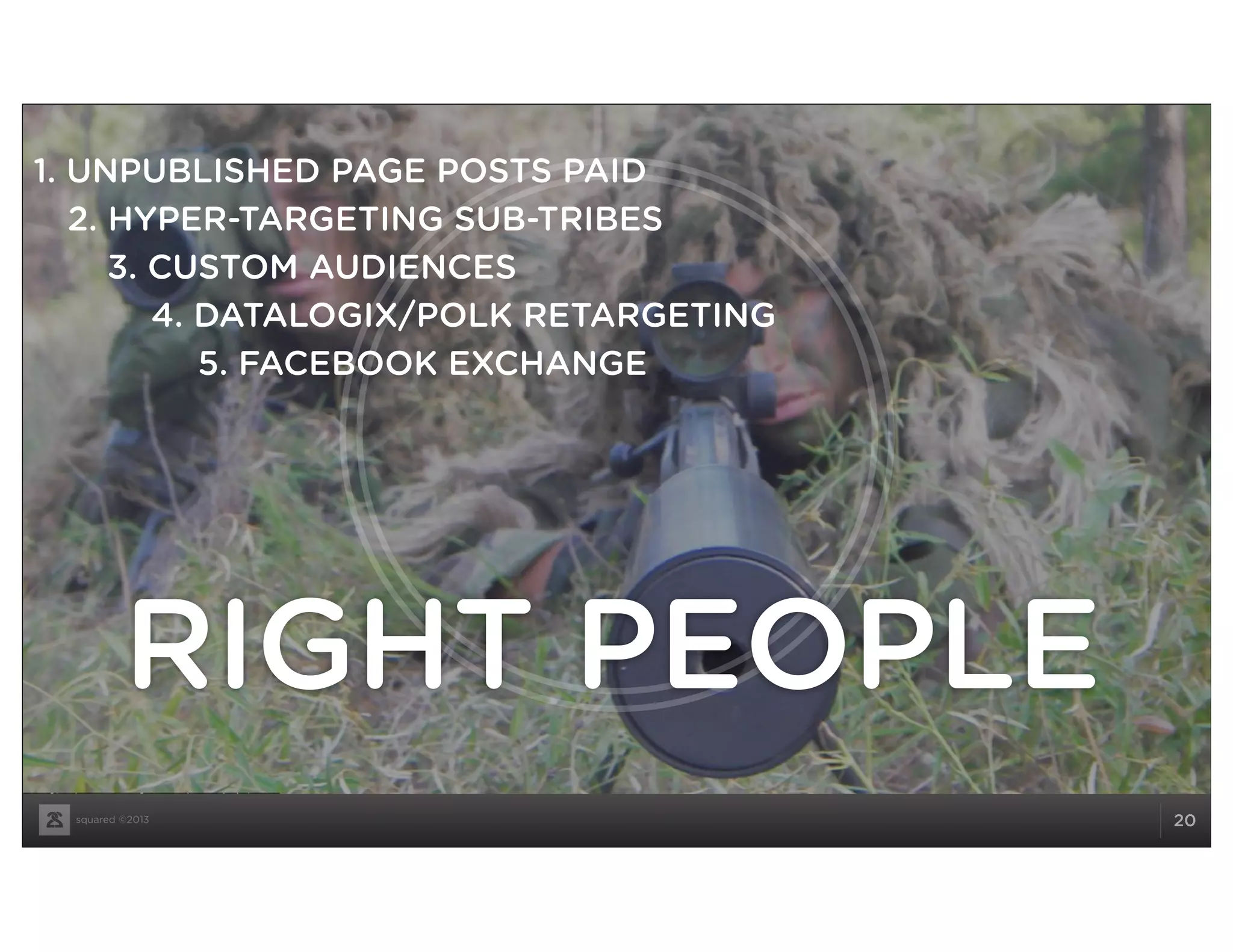 squared ©2013 20
RIGHT PEOPLE
1. UNPUBLISHED PAGE POSTS PAID
2. HYPER-TARGETING SUB-TRIBES
3. CUSTOM AUDIENCES
4. DATALOGIX/POLK RETARGETING
5. FACEBOOK EXCHANGE
 