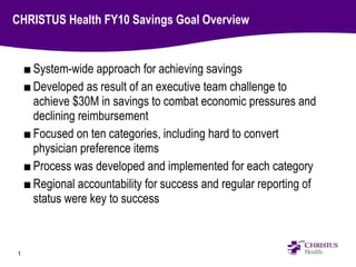 CHRISTUS Health FY10 Savings Goal Overview ,[object Object],[object Object],[object Object],[object Object],[object Object]