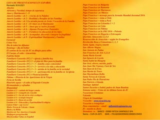 LISTA DE PRESENTACIONES EN ESPAÑOL
Revisado 30-9-2021
Abuelos
Adviento y Navidad, tiempo de esperanza
Amor y Matrimonio 1 - 9
Amoris Laetitia – ch 1 – A la luz de la Palabre
Amoris Laetitia – ch 2 – Realidad y Desafíos de las Familias
Amoris Laetitia – ch 3 La mirada puesta en Jesús: Vocación de la Familia
Amoris Laetitia – ch 4 - El Amor en el Matrimonio
Amoris Laetitia – ch 5 – Amor que se vuelve fecundo
Amoris Laetitia – ch 6 – Algunas Perspectivas Pastorales
Amoris Laetitia – ch 7 – Fortalecer la educacion de los hijos
Amoris Laetitia – ch 8 – Acompañar, discernir e integrar la fragilidad
Amoris Laetitia – ch 9 – Espiritualidad Matrimonial y Familiar
Carnaval
Cristo Vive
Dia de todos los difuntos
Domingo – día del Señor
El camino de la cruz de JC en dibujos para niños
El Cuerpo, el culto – (eucarisía)
Espíritu Santo
Familiaris Consortio (FC) 1 – iglesia y familia hoy
Familiaris Consortio (FC) 2 - el plan de Dios para la familia
Familiaris Consortio (FC) 3 – 1 – familia como comunidad
Familiaris Consortio (FC) 3 – 2 – servicio a la vida y educación
Familiaris Consortio (FC) 3 – 3 – misión de la familia en la sociedad
Familiaris Consortio (FC) 3 – 4 - participación de la familia en la iglesia
Familiaris Consortio (FC) 4 Pastoral familiar
Fátima – Historia de las Apariciones de la Virgen
Feria de Sevilla
Haurietis aquas – el culto al Sagrado Corazón
Hermandades y cofradías
Hispanidad
Laudato si 1 – cuidado del hogar común
Laudato si 2 – evangelio de creación
Laudato si 3 – La raíz de la crisis ecológica
Laudato si 4 – ecología integral
Laudato si 5 – líneas de acción
Laudato si 6 – Educación y Espiritualidad Ecológica
Lumen Fidei – cap 1,2,3,4
Madre Teresa de Calcuta – Santa
María y la Biblia
Martires de Nor America y Canada
Medjugore peregrinación
Misericordiae Vultus en Español
Papa Francisco en Bulgaria
Papa Francisco en Rumania
Papa Francisco en Marruecos
Papa Francisco en México
Papa Francisco – mensaje para la Jornada Mundial Juventud 2016
Papa Francisco – visita a Chile
Papa Francisco – visita a Perú
Papa Francisco en Colombia 1 + 2
Papa Francisco en Cuba
Papa Francisco en Fátima
Papa Francisco en la JMJ 2016 – Polonia
Papa Francisco en Hugaría e Eslovaquia
Queridas Amazoznia 1,2,3,4
Resurrección de Jesucristo – según los Evangelios
Revolución Rusa y Comunismo 1, 2, 3
Santa Agata, virgen y martir
San Alberto Magno
San Antonio de Padua
San Francisco de Asis 1,2,3,4
Santa Maria Goretti
San Ignacio de Loyola
Santa Isabel de Hungria
San José, obrero, marido, padre
San Juan Ma Vianney, Curé de’Ars
San Juan de la Cruz
San Martin de Tours
San Maximiliano Kolbe
Santa Teresa de Calcuta
San Padre Pio de Pietralcina
San Patricio e Irlanda
Santiago Apóstol
Santos Zacarias e Isabel, padres de Juan Bautista
Semana santa – Vistas de las últimas horas de JC
Vacaciones Cristianas
Valentín
Virgen de Guadalupe
Vocación – www.vocación.org
Vocación a evangelizar
Para comentarios – email – mflynn@lcegionaries.org
fb – martin m. flynn
Donations to - BANCO - 03069 INTESA SANPAOLO SPA
Name – EUR-CA-ASTI. IBAN – IT61Q0306909606100000139493
 