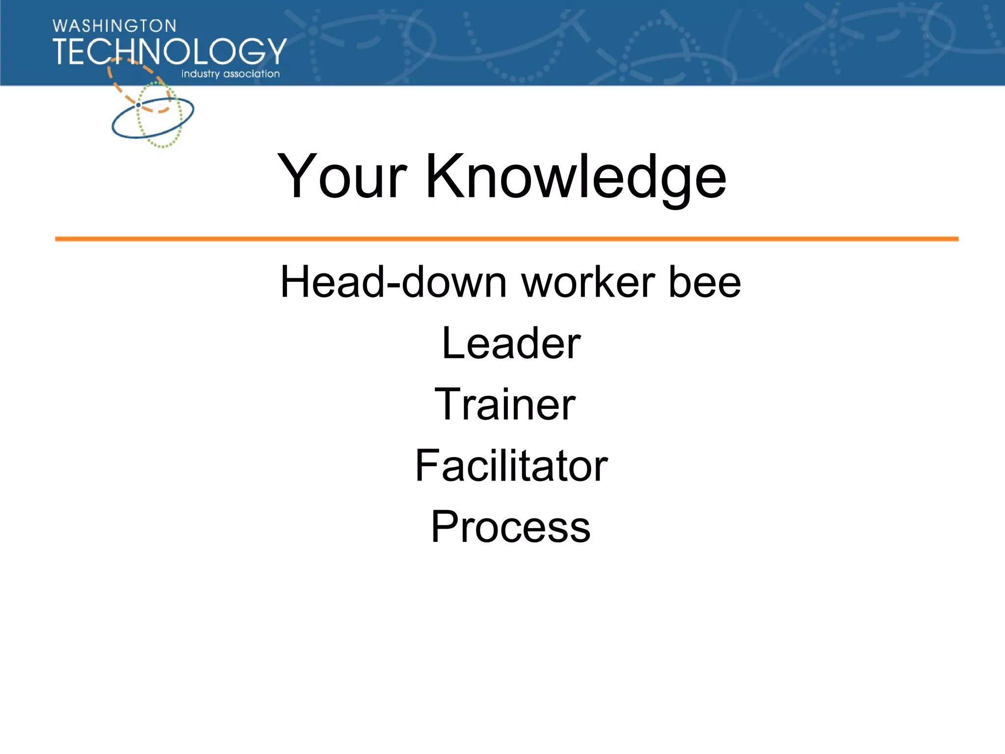 Your Knowledge Head-down worker bee Leader Trainer Facilitator Process