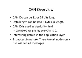 CAN	
  Overview	
  
•  CAN	
  IDs	
  can	
  be	
  11	
  or	
  29	
  bits	
  long	
  
•  Data	
  length	
  can	
  be	
  0	
...