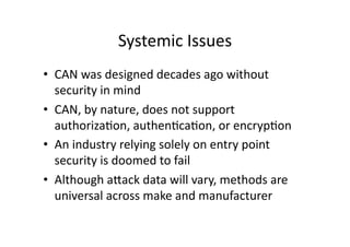 Systemic	
  Issues	
  
•  CAN	
  was	
  designed	
  decades	
  ago	
  without	
  
security	
  in	
  mind	
  
•  CAN,	
  by...