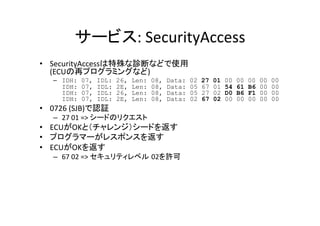 :	
  SecurityAccess	
  
•  SecurityAccess 	
  
(ECU )	
  
–  IDH: 07, IDL: 26, Len: 08, Data: 02 27 01 00 00 00 00 00
IDH: 07, IDL: 2E, Len: 08, Data: 05 67 01 54 61 B6 00 00
IDH: 07, IDL: 26, Len: 08, Data: 05 27 02 D0 B6 F1 00 00
IDH: 07, IDL: 2E, Len: 08, Data: 02 67 02 00 00 00 00 00
•  0726	
  (SJB) 	
  
–  27	
  01	
  =>	
   	
  
•  ECU OK 	
  
•  	
  
•  ECU OK 	
  
–  67	
  02	
  =>	
   02 	
  
 