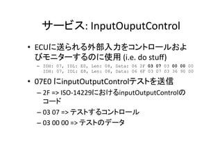 :	
  InputOuputControl	
  
•  ECU
	
  (i.e.	
  do	
  stuﬀ)	
  
–  IDH: 07, IDL: E0, Len: 08, Data: 06 2F 03 07 03 00 00 00
IDH: 07, IDL: E8, Len: 08, Data: 06 6F 03 07 03 36 90 00
•  07E0	
   inputOutputControl 	
  
– 2F	
  =>	
  ISO-­‐14229 inputOutputControl
	
  
– 03	
  07	
  =>	
   	
  
– 03	
  00	
  00	
  =>	
   	
  
 