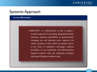 Systemic Approach
Service Differentiator

CHRISVINC is a differentiator in that it adopts a
systemic approach in providing integrated business
CHRISVINC has ability to add value by
solutions, enhances profitability knowledge to
transferring its proprietary by professionally
managing competitive
costs, improves the
impart tax and reducing advantage and
relative position to business. industry, shows
differentiation of firm within its By designing
a new route to competitive on regulatory
business architecture advantage, explores
platform, of cost leadership with differentiation,
possibility it makes strategies operational
for long term business. mitigating strategies
supports business with risk
and proper litigation readiness plan.

05

 