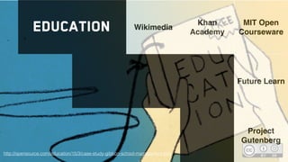 http://opensource.com/education/15/3/case-study-gibbon-school-management-tool
Education Wikimedia
Khan
Academy
MIT Open
Courseware
Future Learn
Project
Gutenberg
 