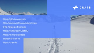 https://github.com/crate
http://stackoverﬂow.com/tags/crate/
IRC #crate on freenode
https://twitter.com/CrateIO
https://fb.me/cratedata
support@crate.io
https://crate.io
 