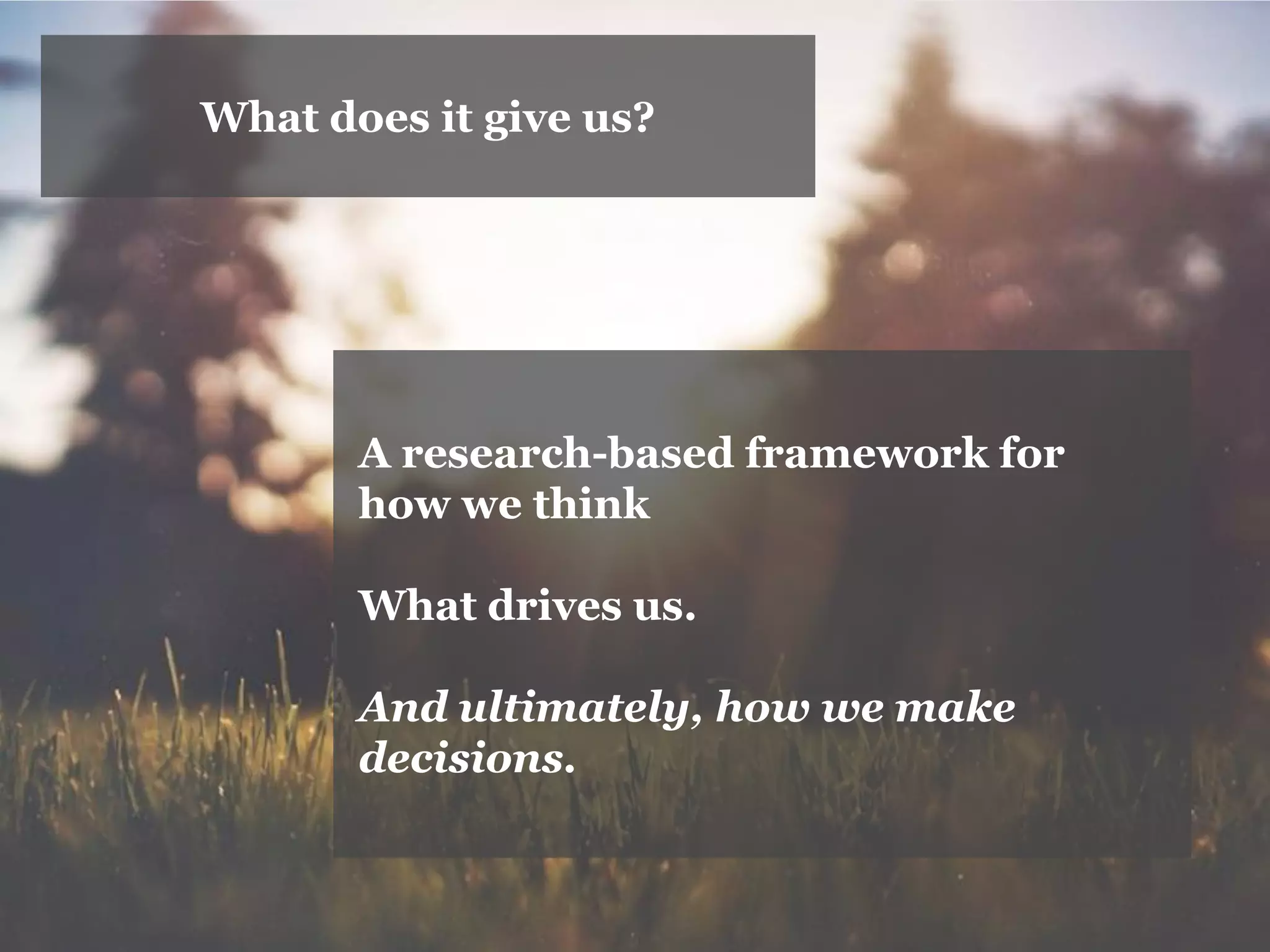 What does it give us? 
A research-based framework for how we think 
What drives us. 
And ultimately, how we make decisions.  