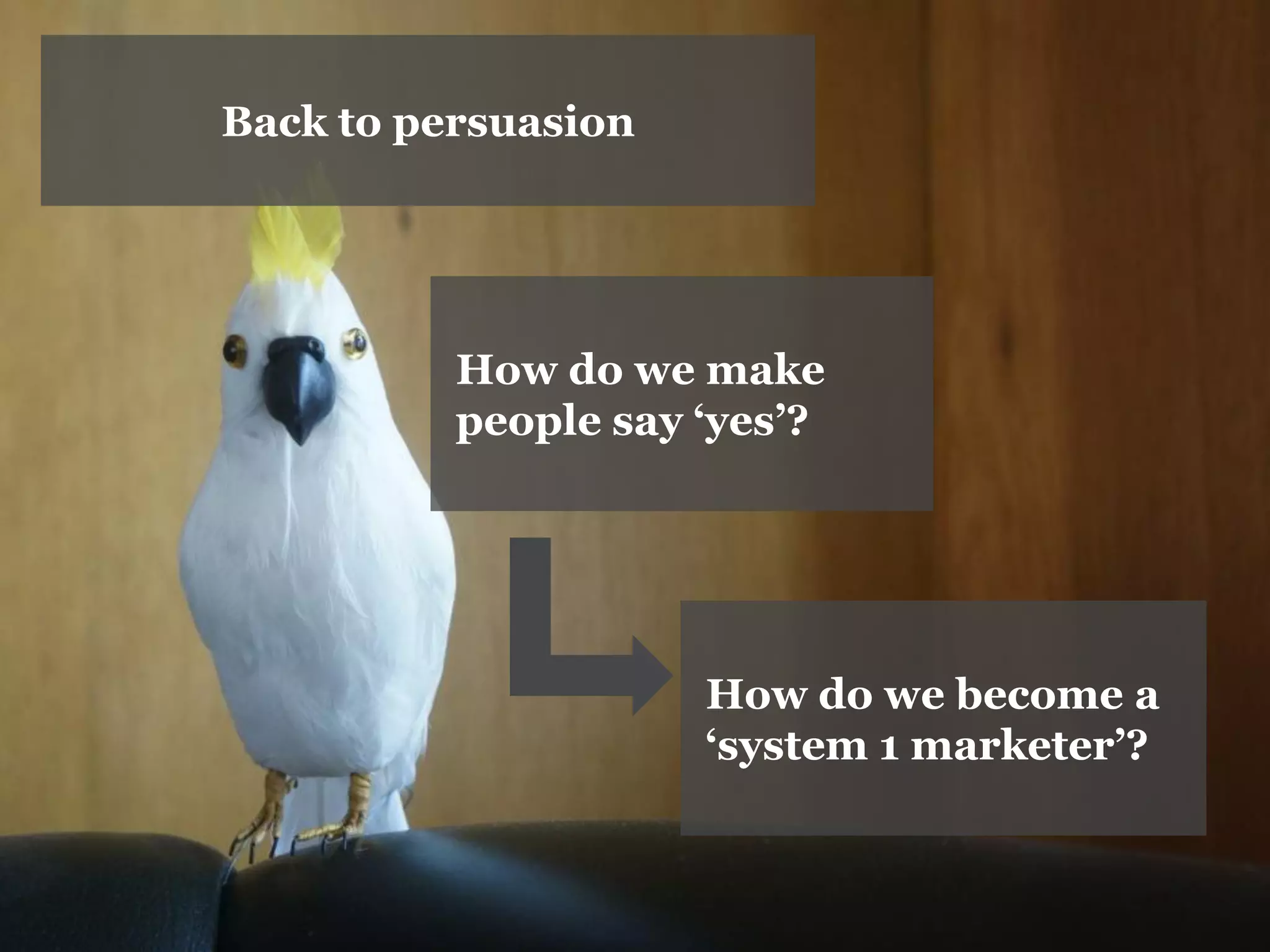 Back to persuasion 
How do we make people say ‘yes’? 
How do we become a ‘system 1 marketer’?  