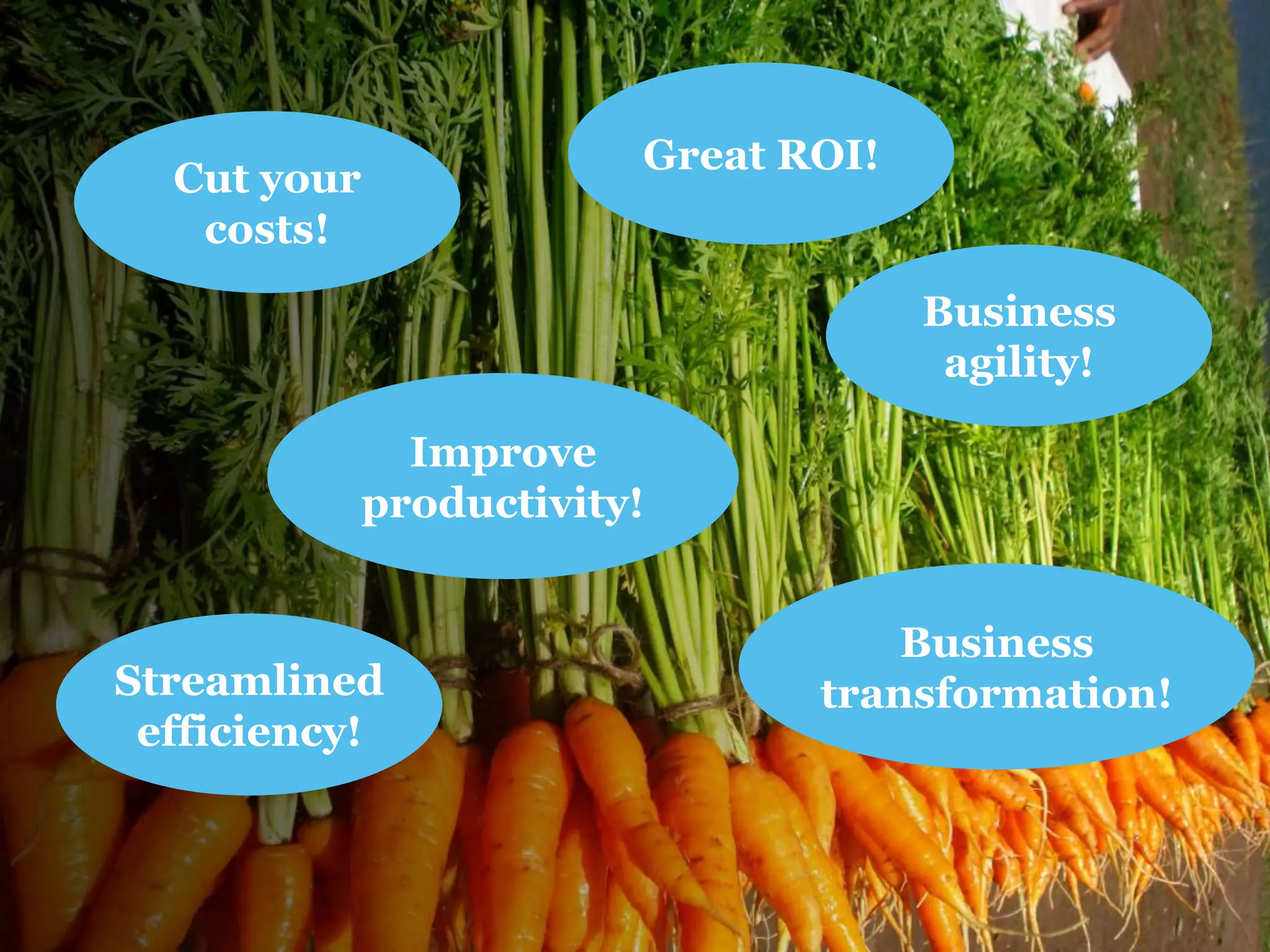 Cut your costs! 
Business agility! 
Improve productivity! 
Business transformation! 
Streamlined efficiency! 
Great ROI!  