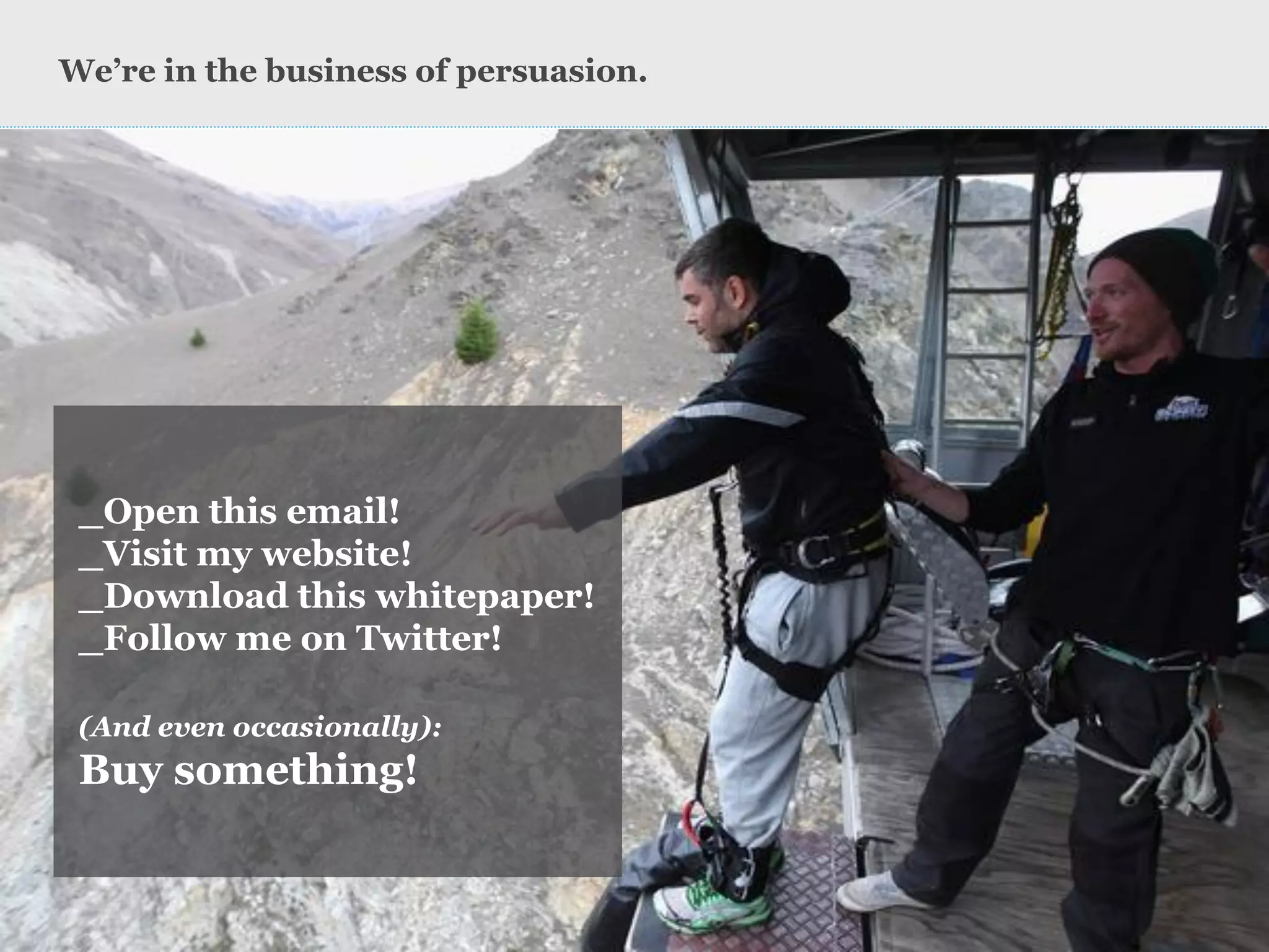 _Open this email! 
_Visit my website! 
_Download this whitepaper! 
_Follow me on Twitter! 
(And even occasionally): 
Buy something! 
We’re in the business of persuasion.  