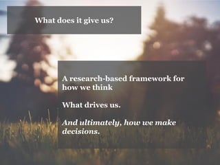 What does it give us? 
A research-based framework for how we think 
What drives us. 
And ultimately, how we make decisions.  