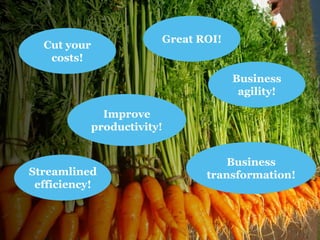 Cut your costs! 
Business agility! 
Improve productivity! 
Business transformation! 
Streamlined efficiency! 
Great ROI!  
