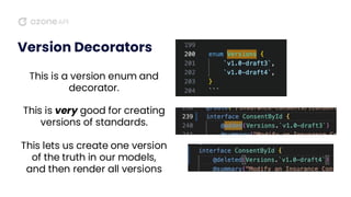 Version Decorators
This is a version enum and
decorator.
This is very good for creating
versions of standards.
This lets us create one version
of the truth in our models,
and then render all versions
 